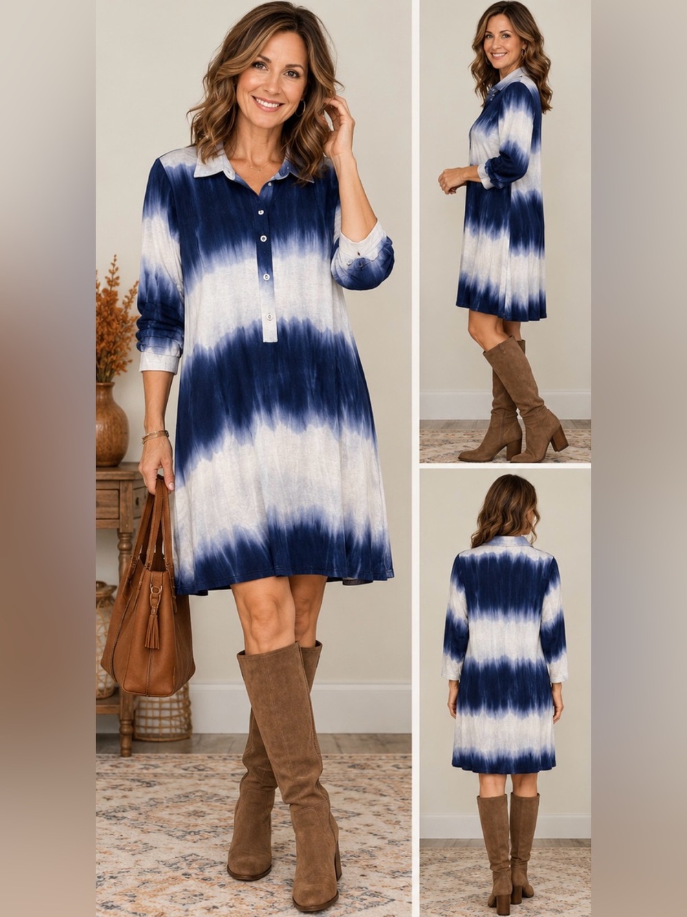Simply Noelle Tie Dye Tunic Dress Small Blue White 3/4 Sleeve Fall Festival